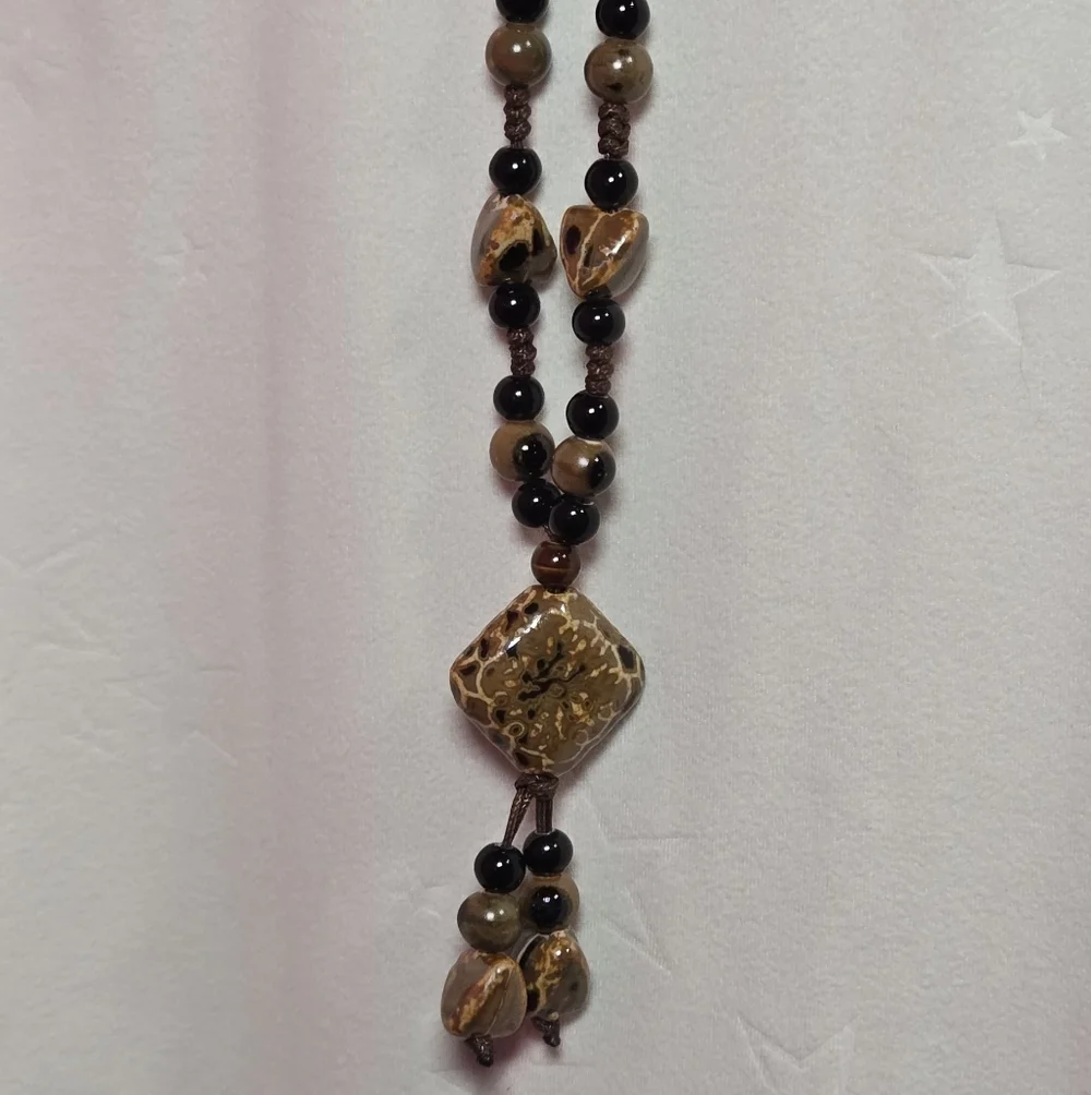 Bohemian Long Natural Stone Tassel Necklace Adjustable Multi-Layer Leather Cords